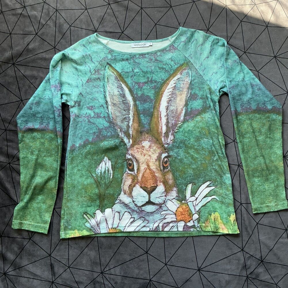 Rabbit Print Long Sleeve Top S Green Hare Daisy Watercolor Cottagecore Art